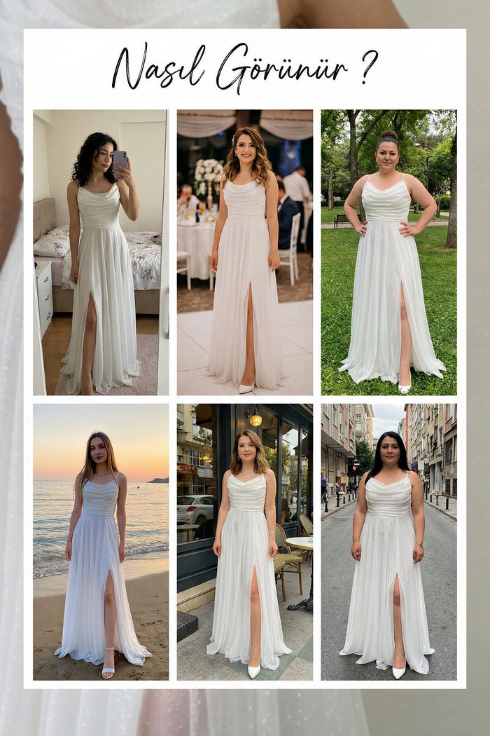 Beyaz Askılı Ön Drapeli Yırtmaçlı Simli Nikah Abiye Elbise 