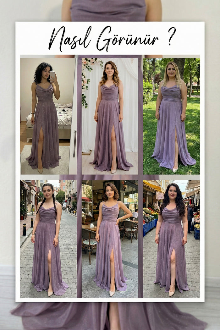 Lila Askılı Ön Drapeli Yırtmaçlı Simli Abiye Elbise