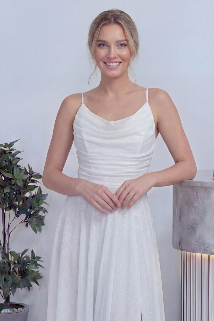 Beyaz Askılı Ön Drapeli Yırtmaçlı Simli Nikah Abiye Elbise 