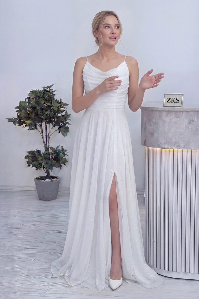 Beyaz Askılı Ön Drapeli Yırtmaçlı Simli Nikah Abiye Elbise 