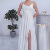 Beyaz Askılı Ön Drapeli Yırtmaçlı Simli Nikah Abiye Elbise