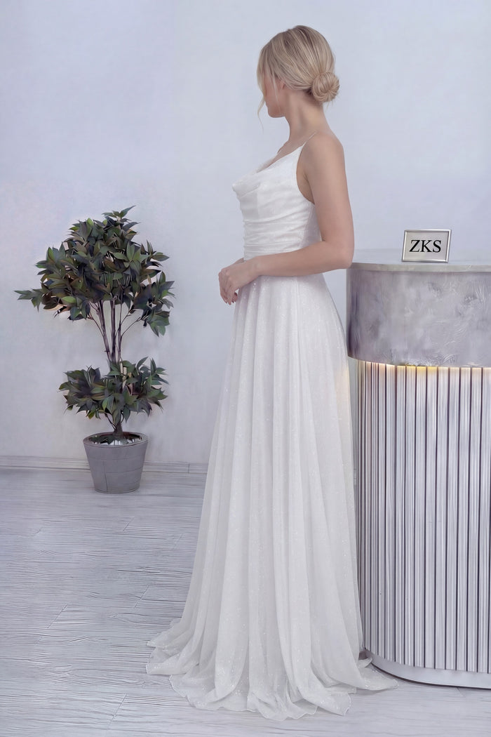 Beyaz Askılı Ön Drapeli Yırtmaçlı Simli Nikah Abiye Elbise 