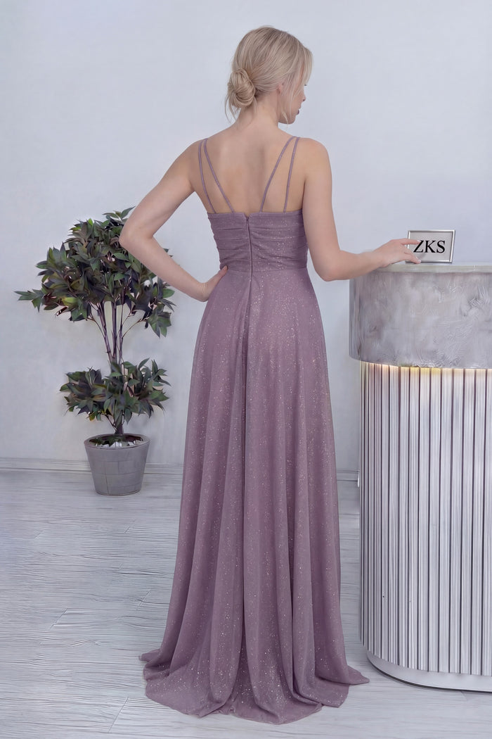 Lila Askılı Ön Drapeli Yırtmaçlı Simli Abiye Elbise