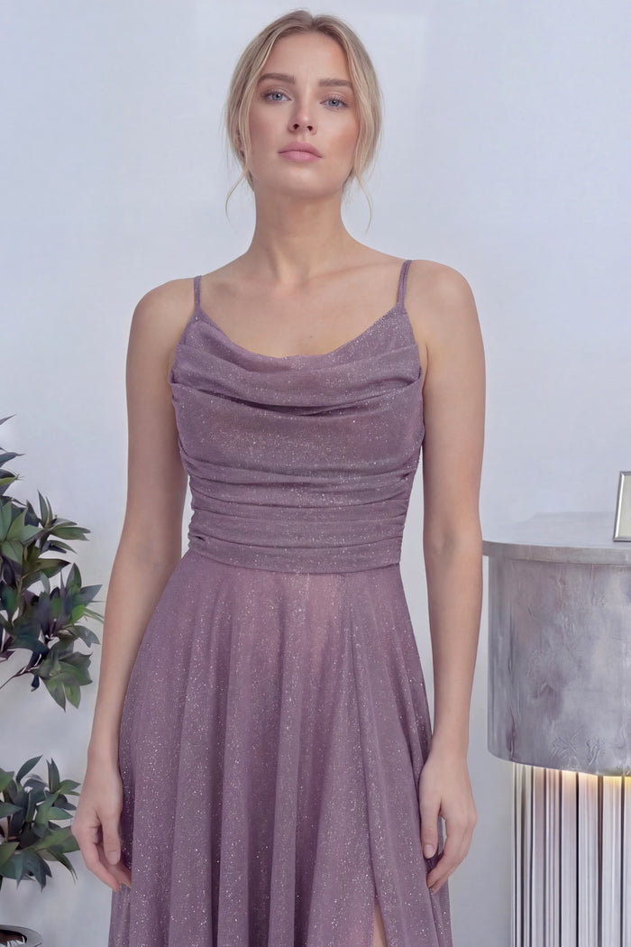 Lila Askılı Ön Drapeli Yırtmaçlı Simli Abiye Elbise