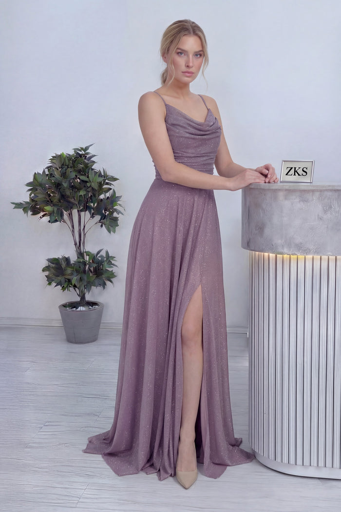 Lila Askılı Ön Drapeli Yırtmaçlı Simli Abiye Elbise