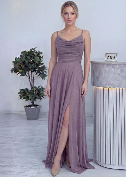 Lila Askılı Ön Drapeli Yırtmaçlı Simli Abiye Elbise