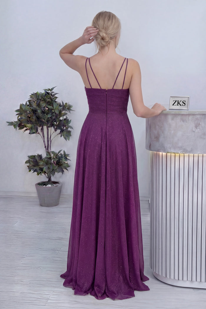 Mürdüm Askılı Ön Drapeli Yırtmaçlı Simli Abiye Elbise