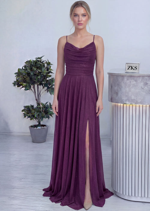 Mürdüm Askılı Ön Drapeli Yırtmaçlı Simli Abiye Elbise