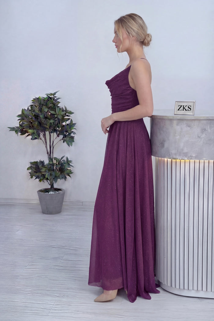 Mürdüm Askılı Ön Drapeli Yırtmaçlı Simli Abiye Elbise