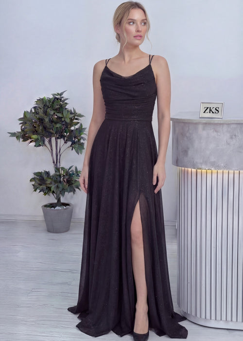 Siyah Askılı Ön Drapeli Yırtmaçlı Simli Abiye Elbise