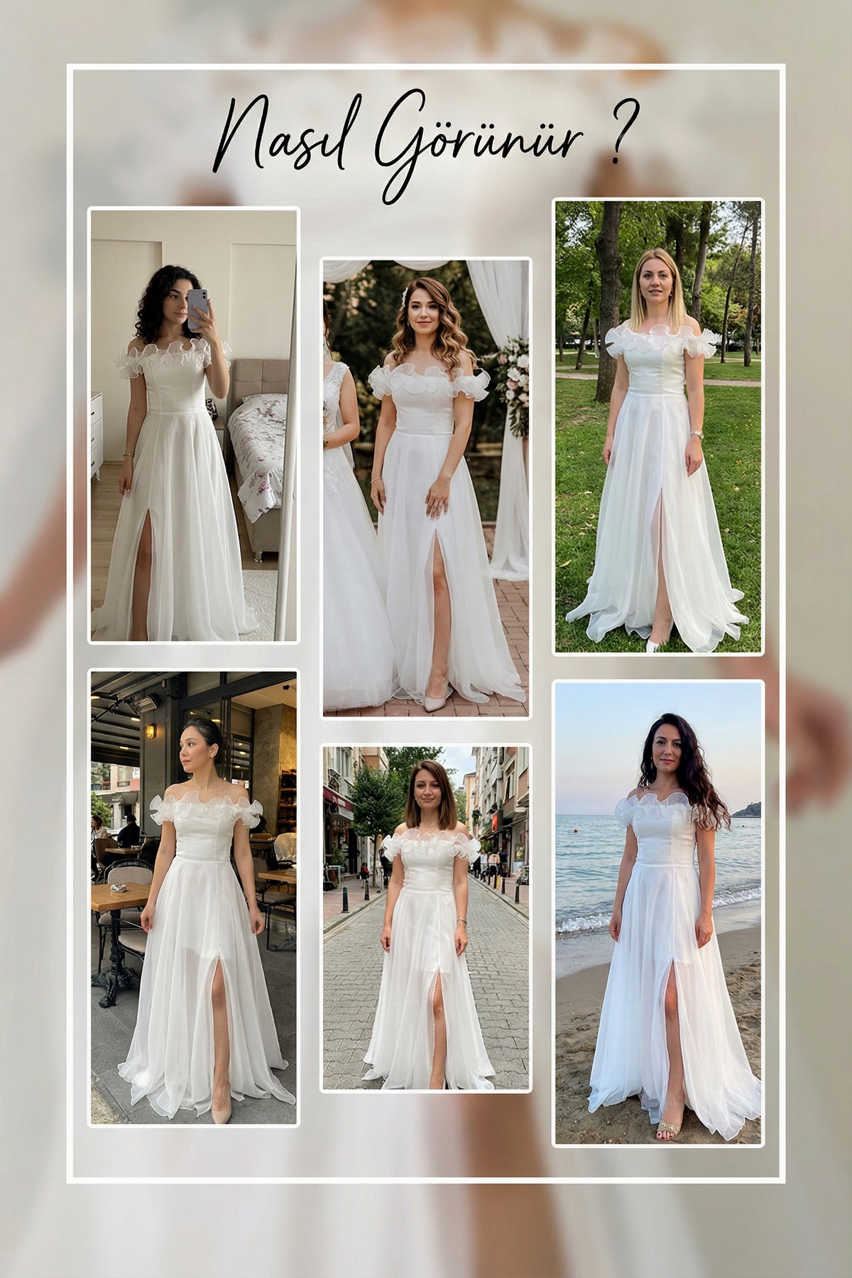Kadın Beyaz Volanlı Düşük Omuz Nikah Abiye Elbise