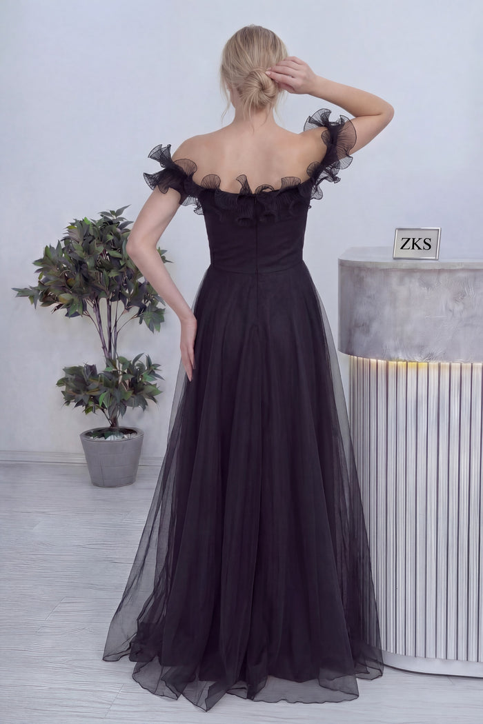 Kadın Siyah Volanlı Düşük Omuz Abiye Elbise 