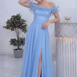 Kadın Bebe Mavi Volanlı Düşük Omuz Abiye Elbise