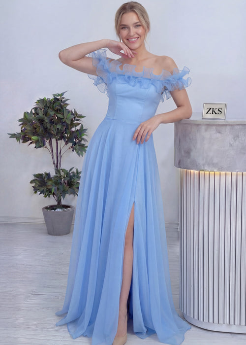 Kadın Bebe Mavi Volanlı Düşük Omuz Abiye Elbise