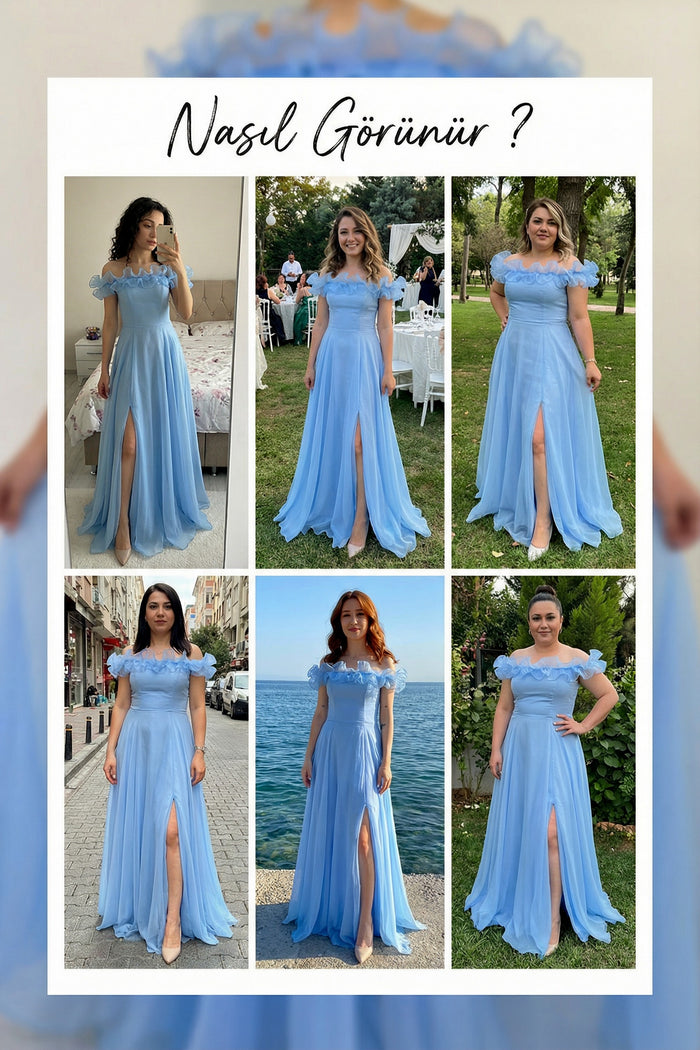 Kadın Bebe Mavi Volanlı Düşük Omuz Abiye Elbise 