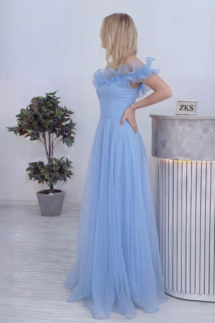 Kadın Bebe Mavi Volanlı Düşük Omuz Abiye Elbise 
