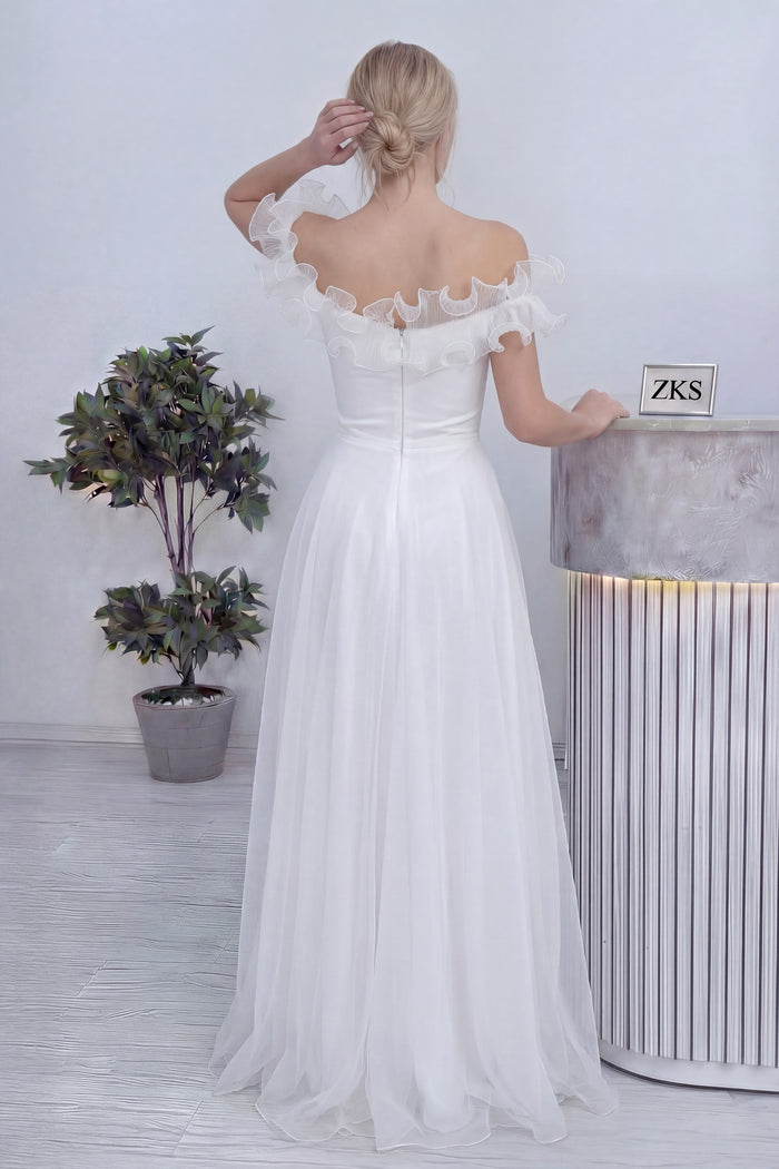 Kadın Beyaz Volanlı Düşük Omuz Nikah Abiye Elbise