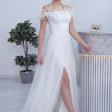 Kadın Beyaz Volanlı Düşük Omuz Nikah Abiye Elbise