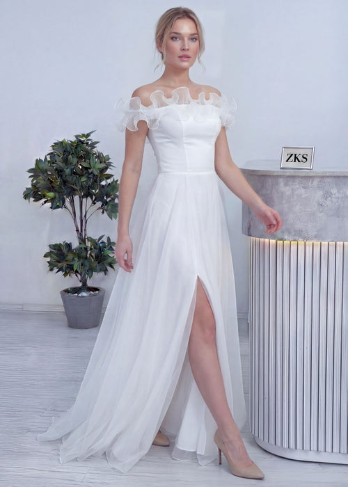 Kadın Beyaz Volanlı Düşük Omuz Nikah Abiye Elbise