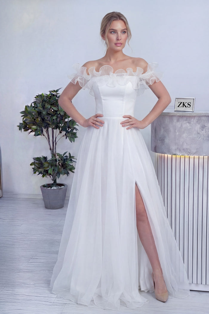 Kadın Beyaz Volanlı Düşük Omuz Nikah Abiye Elbise