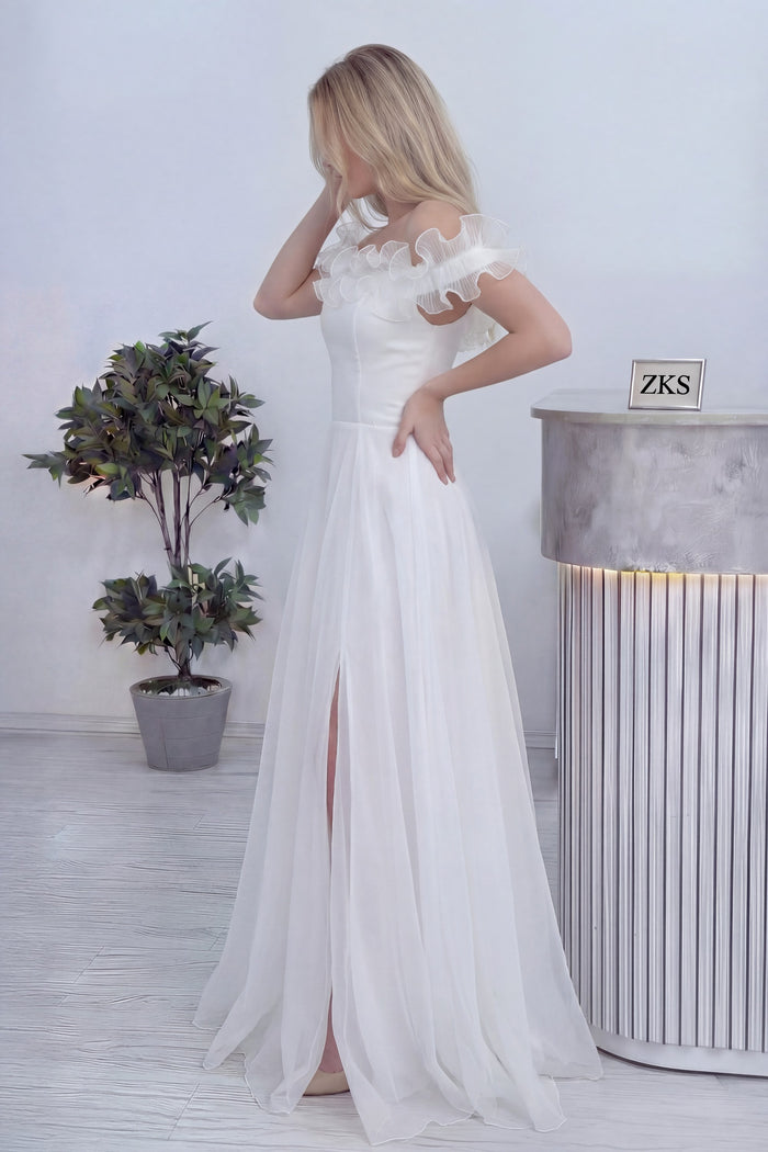 Kadın Beyaz Volanlı Düşük Omuz Nikah Abiye Elbise