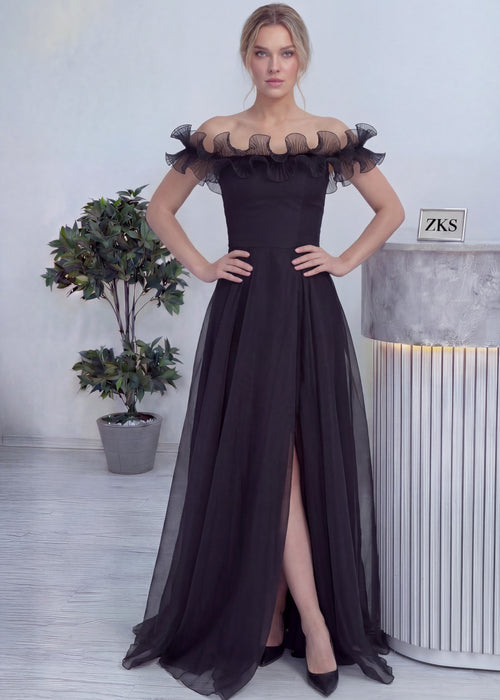 Kadın Siyah Volanlı Düşük Omuz Abiye Elbise