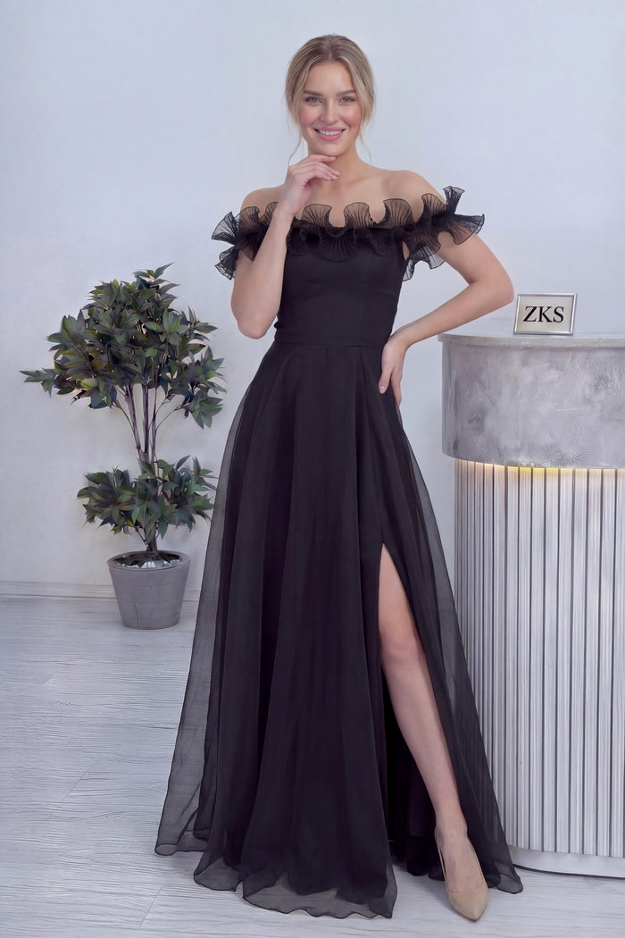Kadın Siyah Volanlı Düşük Omuz Abiye Elbise 