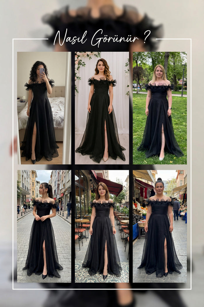 Kadın Siyah Volanlı Düşük Omuz Abiye Elbise 