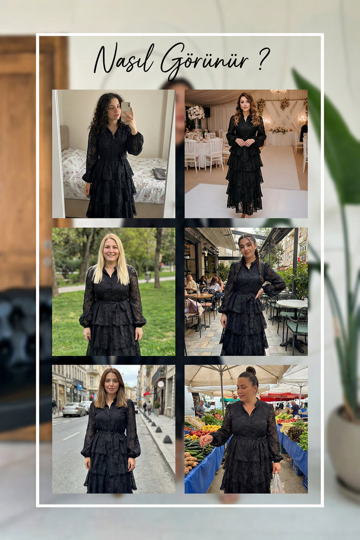 Siyah Çiçek Desenli Kat Kat Volanlı Kuşaklı Elbise