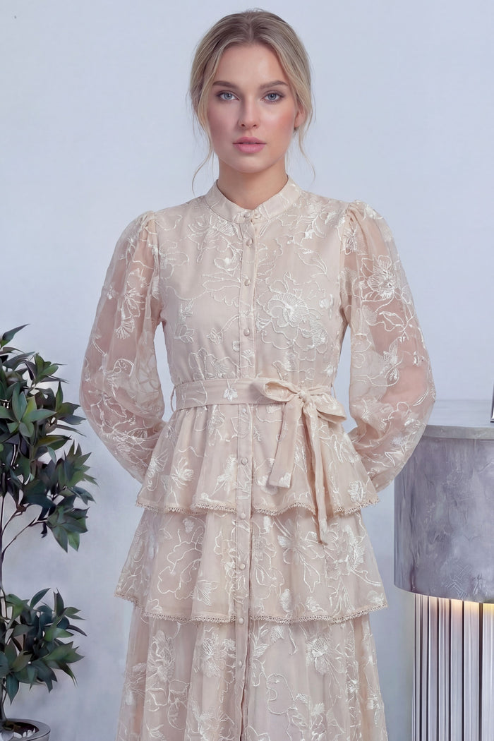 Ekru Çiçek Desenli Kat Kat Volanlı Kuşaklı Elbise 