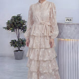 Ekru Çiçek Desenli Kat Kat Volanlı Kuşaklı Elbise