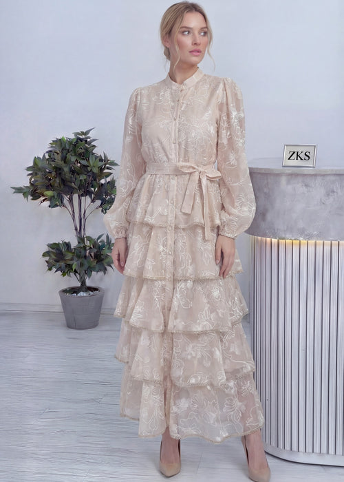 Ekru Çiçek Desenli Kat Kat Volanlı Kuşaklı Elbise