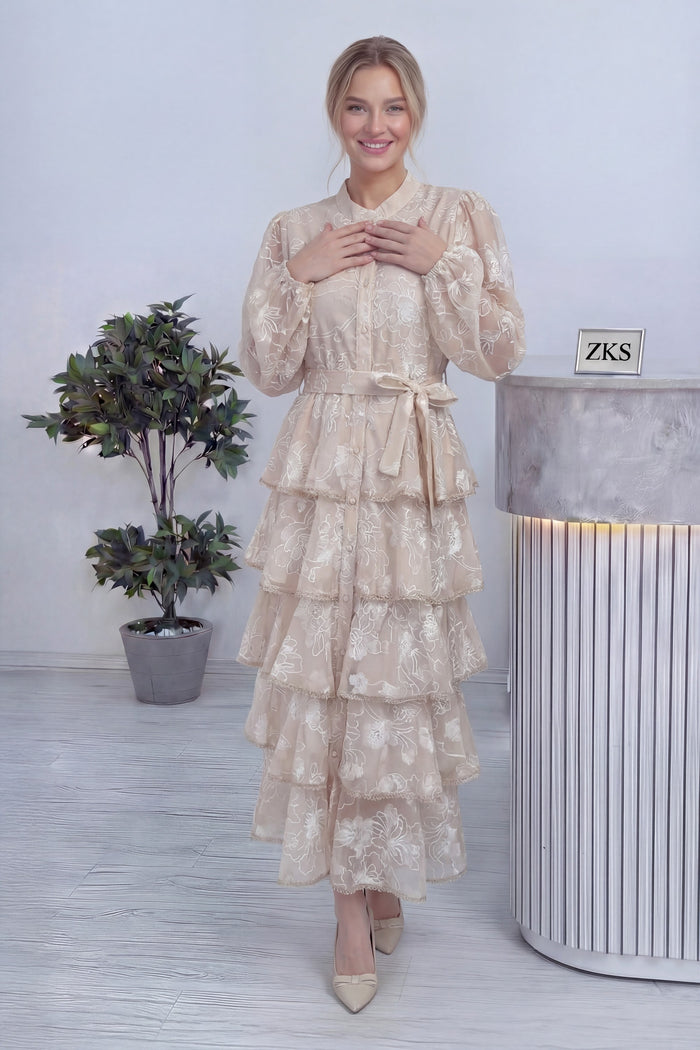 Ekru Çiçek Desenli Kat Kat Volanlı Kuşaklı Elbise 