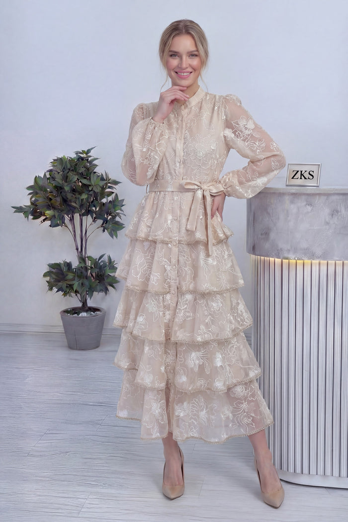 Ekru Çiçek Desenli Kat Kat Volanlı Kuşaklı Elbise 