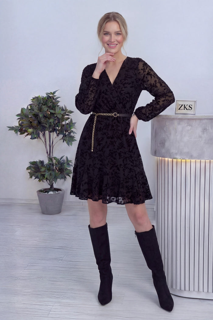 Siyah Kemerli Kruvaze Yaka Desenli Elbise 