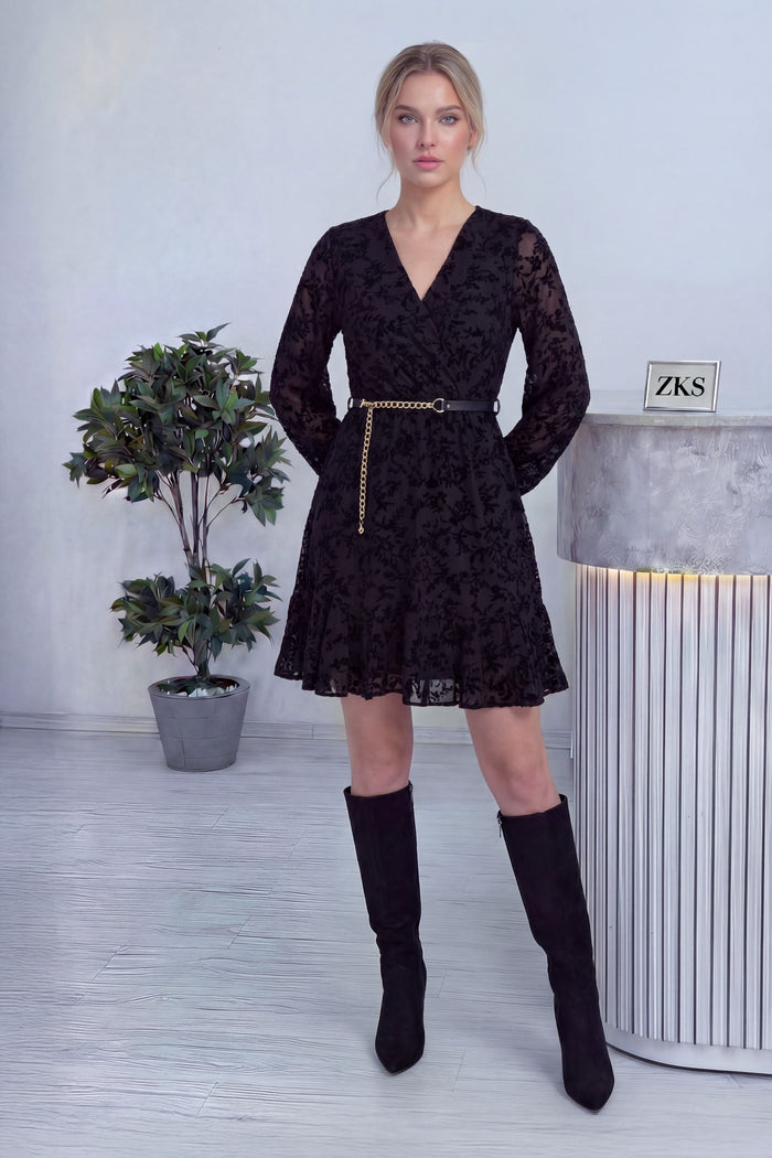 Siyah Kemerli Kruvaze Yaka Desenli Elbise 