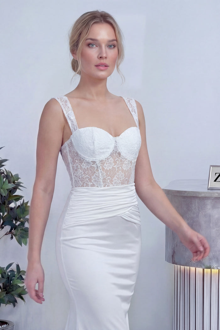 Beyaz Transparan Dantel Detaylı Drapeli Nikah Abiye Elbise 