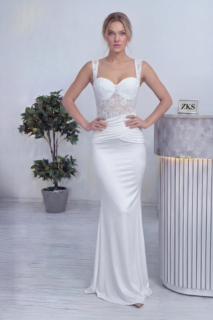 Beyaz Transparan Dantel Detaylı Drapeli Nikah Abiye Elbise 