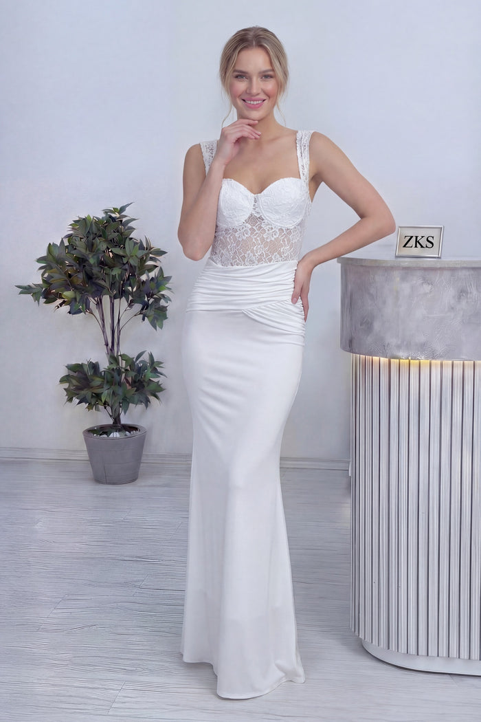 Beyaz Transparan Dantel Detaylı Drapeli Nikah Abiye Elbise 