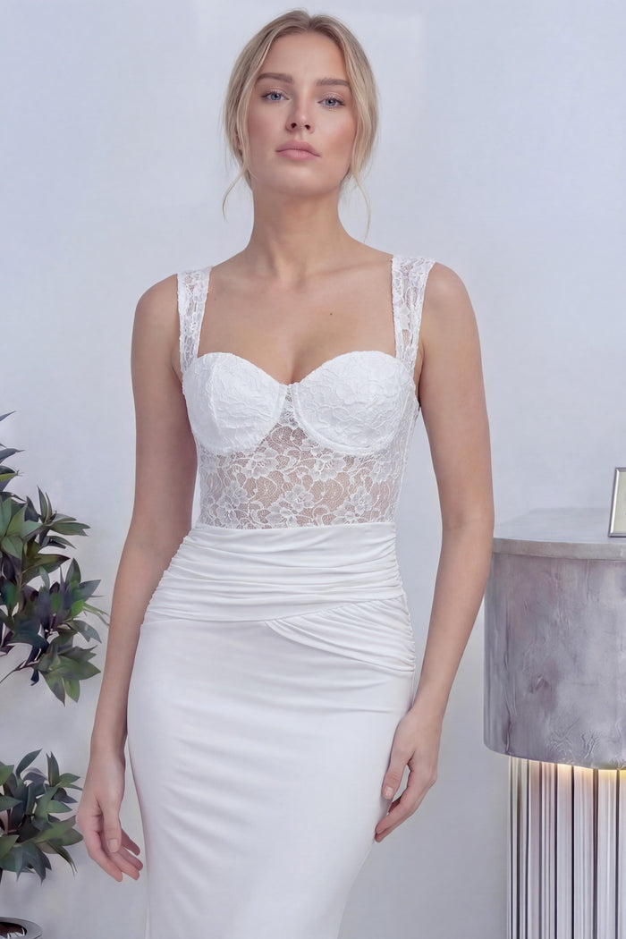 Beyaz Transparan Dantel Detaylı Drapeli Nikah Abiye Elbise 