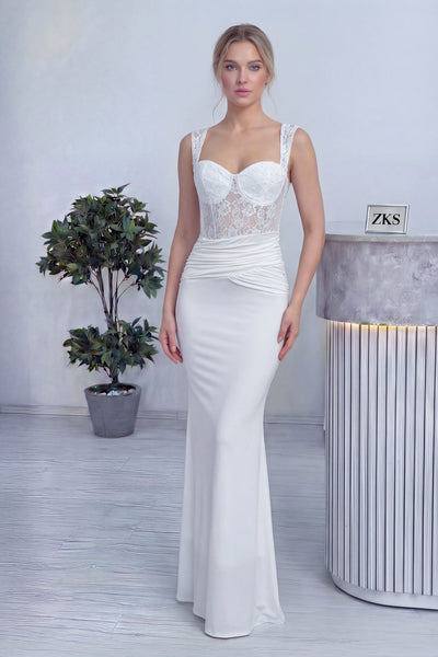 Beyaz Transparan Dantel Detaylı Drapeli Nikah Abiye Elbise 