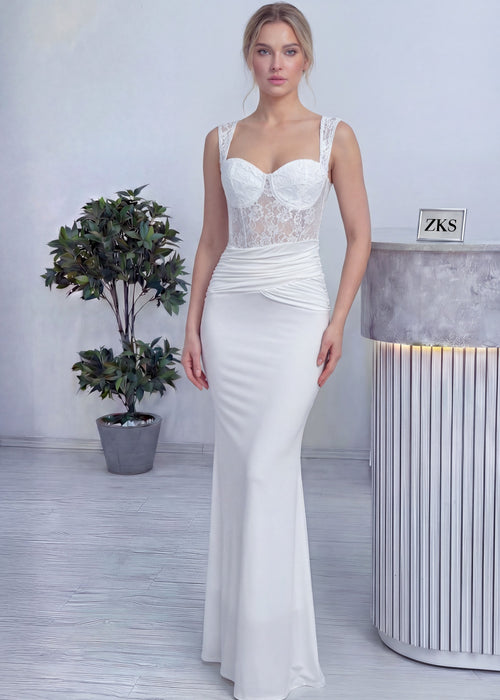 Beyaz Transparan Dantel Detaylı Drapeli Nikah Abiye Elbise