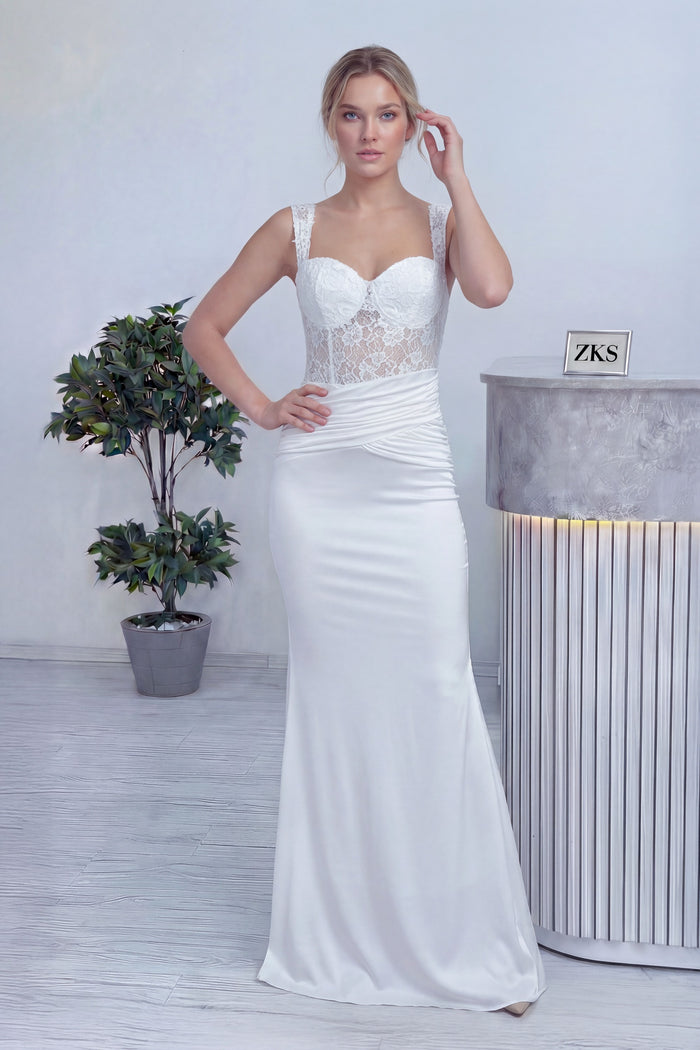 Beyaz Transparan Dantel Detaylı Drapeli Nikah Abiye Elbise 