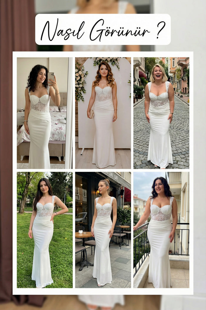 Beyaz Transparan Dantel Detaylı Drapeli Nikah Abiye Elbise 