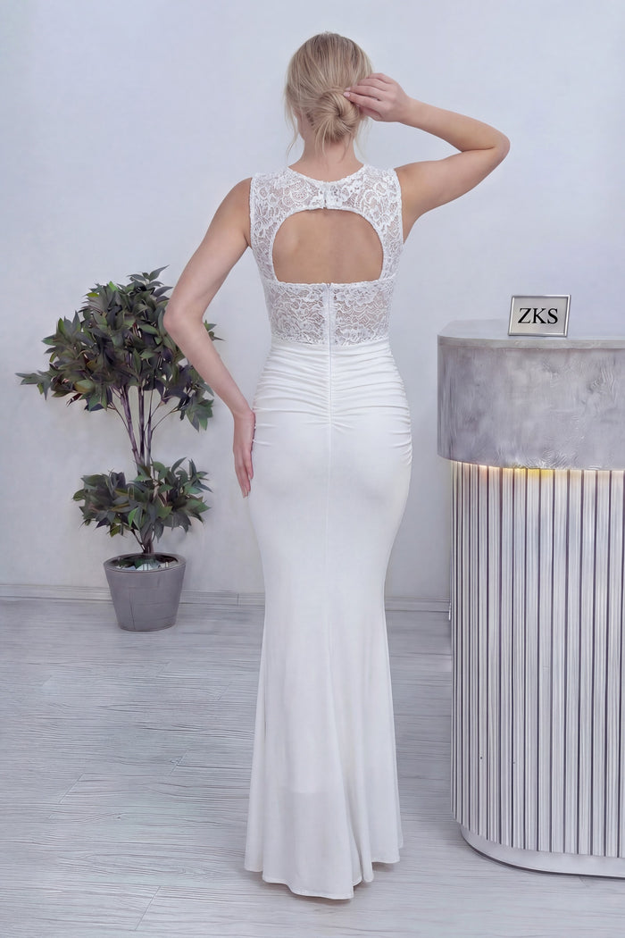 Beyaz Transparan Dantel Detaylı Drapeli Nikah Abiye Elbise 