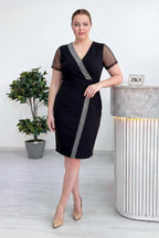 Siyah Kruvaze Yaka Sim Şeritli Büyük Beden Abiye Elbise