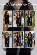 Siyah Kruvaze Yaka Sim Şeritli Büyük Beden Abiye Elbise