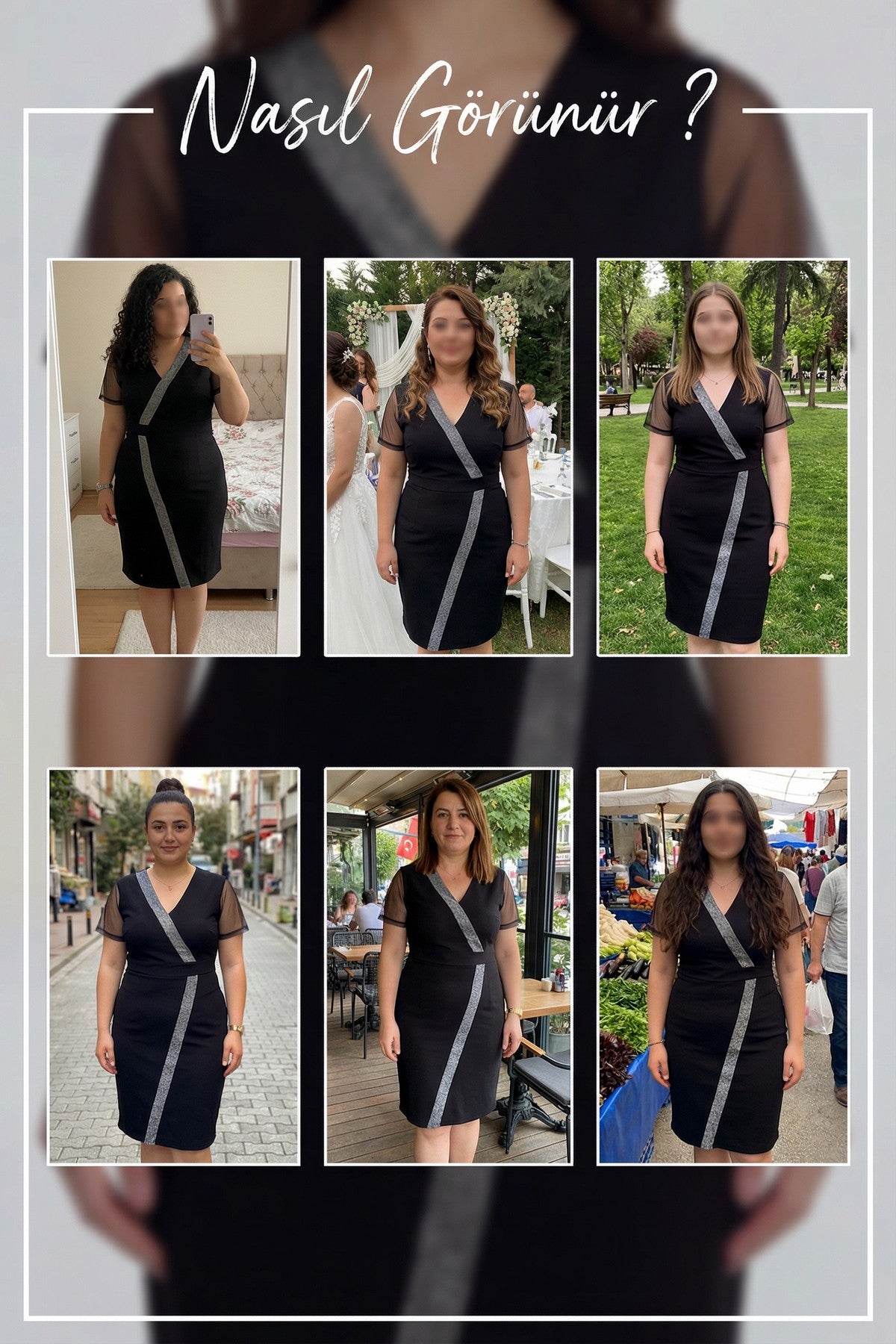 Siyah Kruvaze Yaka Sim Şeritli Büyük Beden Abiye Elbise