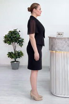 Siyah Taşlı Ceket Yakalı Büyük Beden Midi Boy Abiye Elbise