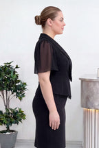 Siyah Taşlı Ceket Yakalı Büyük Beden Midi Boy Abiye Elbise